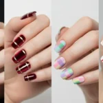 hand showcasing a classic red and black plaid nail design with glossy finish and clean intersecting lines.